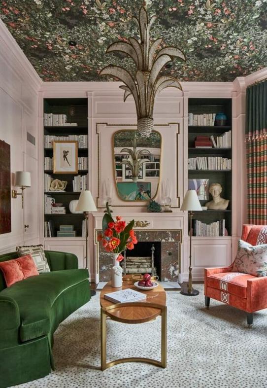 Fully decorated living room with red and green accents.